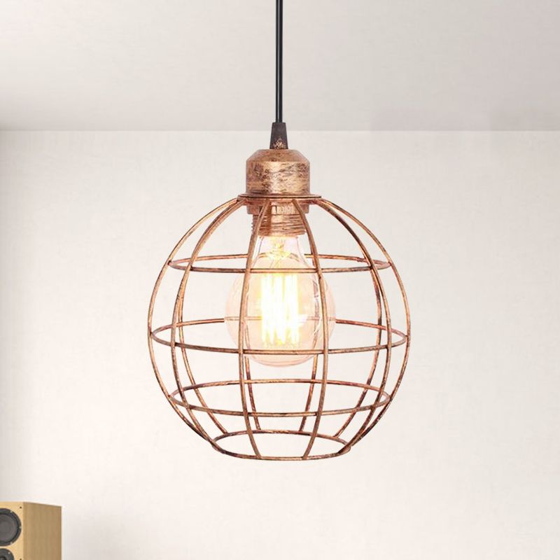 Retro Style Globe Ceiling Lamp 1 Head Metal Hanging Light Fixture with Wire Frame in Black/Copper