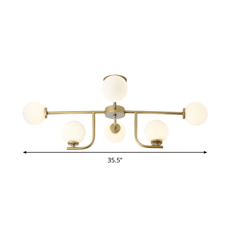 Global Semi Flush Mount Modernisme Verre Blanc 6 Ampoules Plafonnier Doré