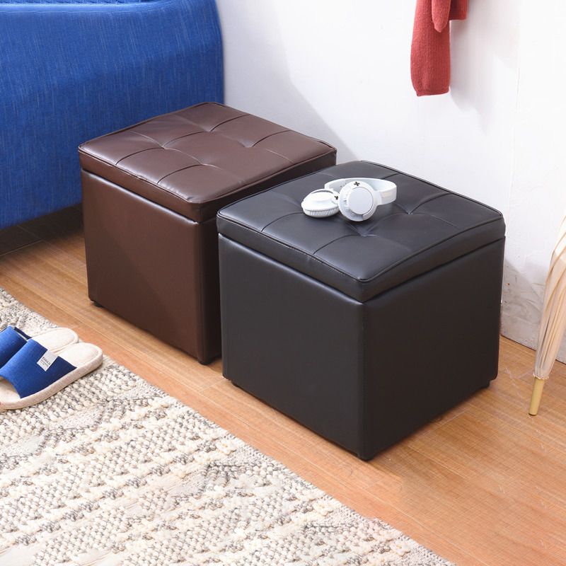 Mid-Century Modern Pouf Ottoman Faux Leather Tufted Square Ottoman with Storage