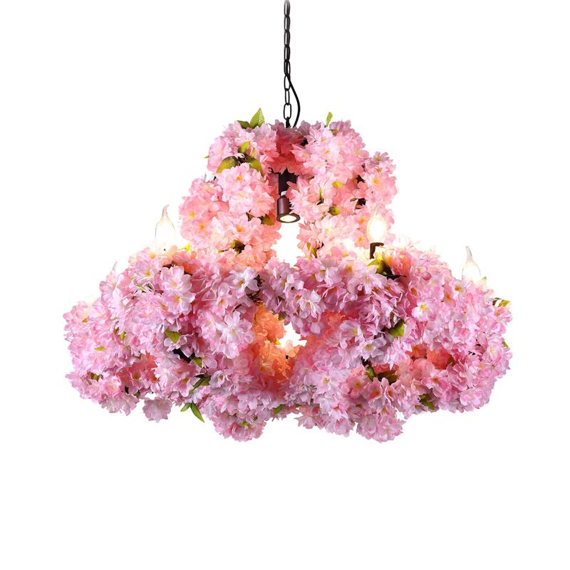 Metal Floral Chandelier Lamp Industrial 7 Lights Restaurant Ceiling Pendant in Pink