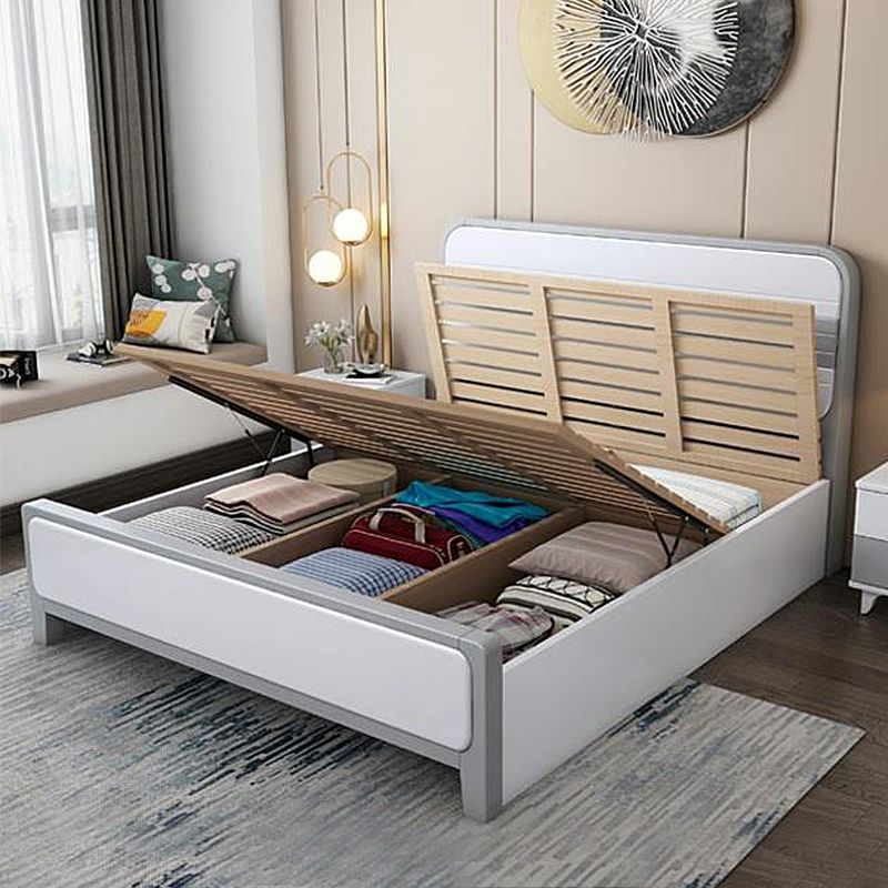 Modern Rubberwood Standard Bed with Rectangle Headboard and Wooden Legs