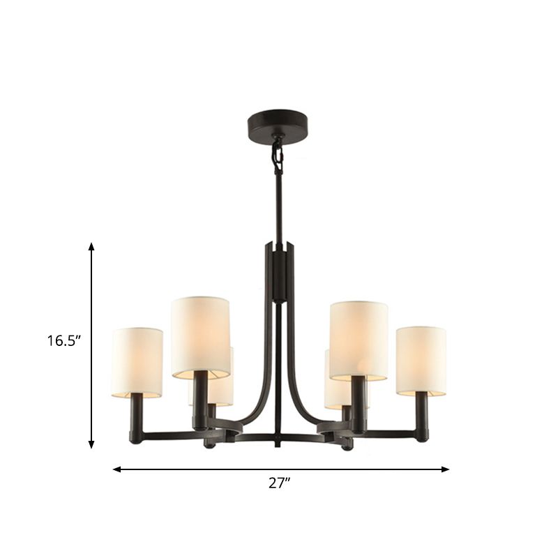 White Cylindrical Chandelier Lamp Traditional Fabric 6 Lights Living Room Hanging Light