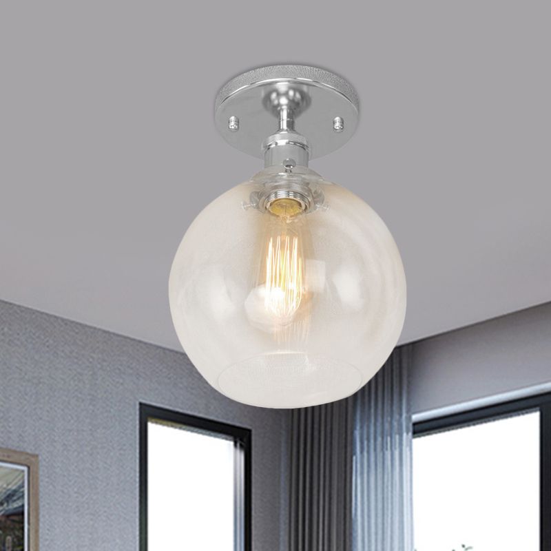 Plafonnier sphérique semi-affleurant industriel en verre transparent, une lumière, noir/laiton/cuivre, pour balcon
