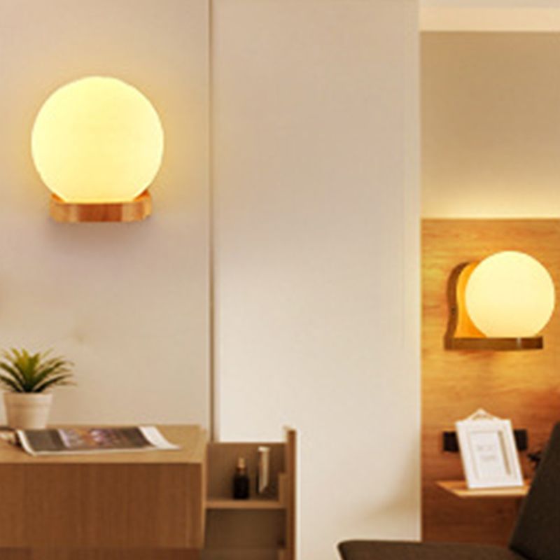 Nordic Wood Wall Light Globe 5.5" Wide Wall Sconce with White Glass for Bedroom