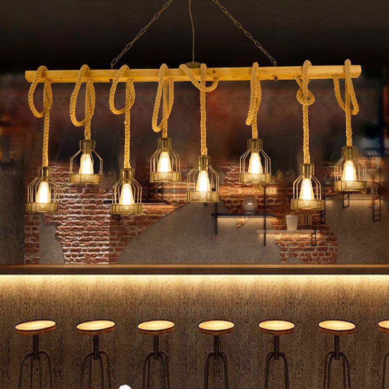 Industrial Wood Pendant Light Linear Shape Island Light with Metal Shade for Bar Counter