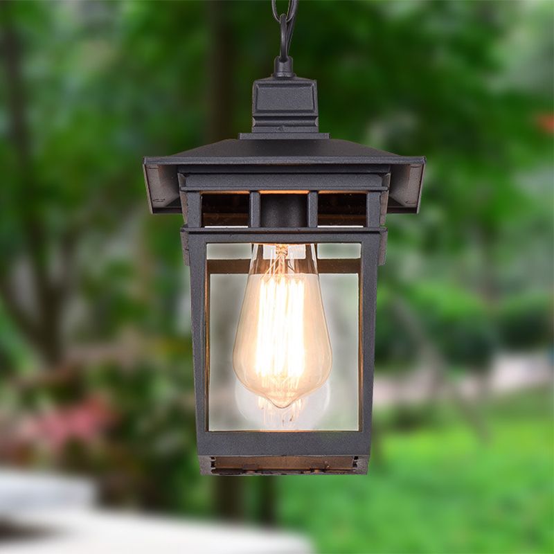 Industrial Lantern Hanging Lighting Metal and Clear Glass 1 Light Black/Bronze/Gold Outdoor Pendant Lamp for Porch