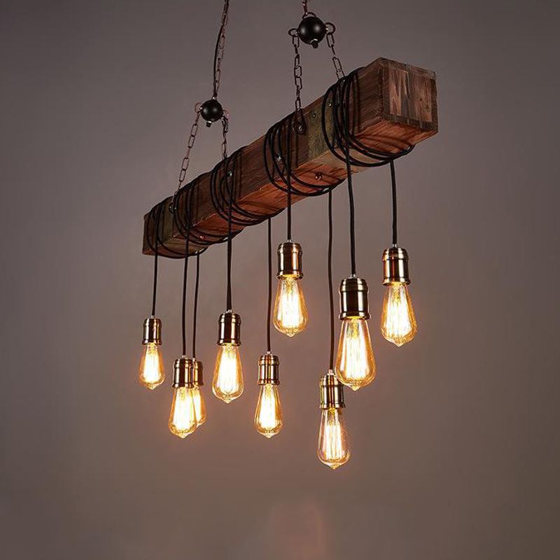 Linear Shape Pendant Light Modern Style Wood 10 Lights Hanging Lamp in Brown