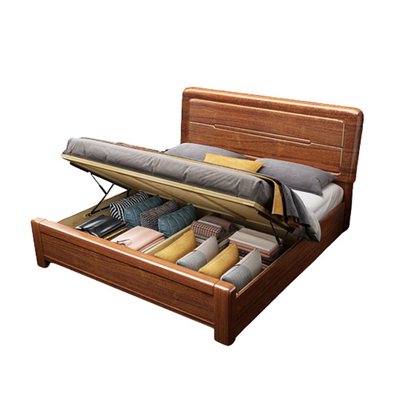 Panel Bed with Storage 43.30" High Brown Walnut Wood Bed in Brone