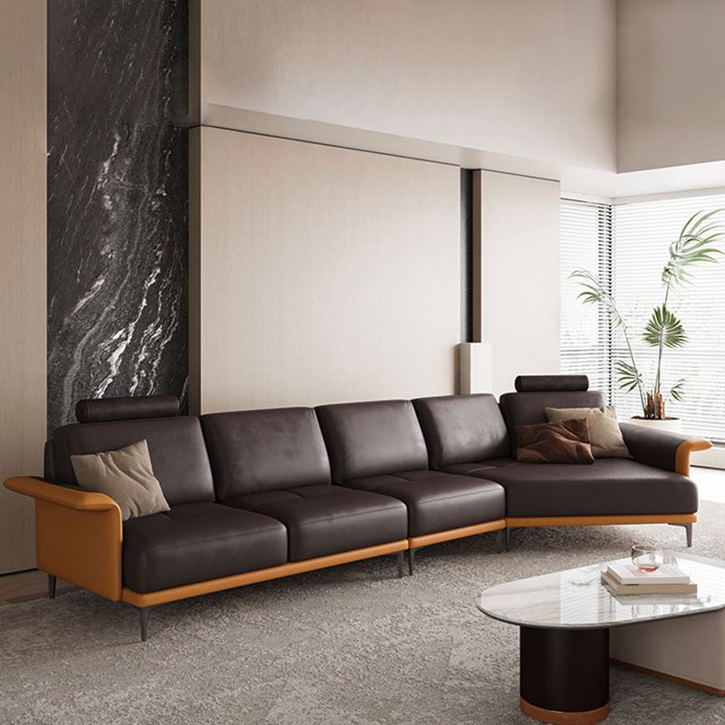 Mid Century Genuine Leather Sectionals Loose Back Sectional & Chaise in Brown