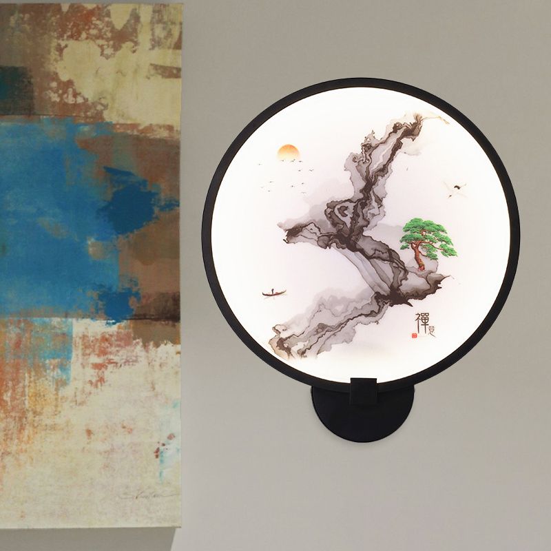 Misty Mountain/Lake Metal Mural Lighting Asia Black Led Hoop Wand Mount Lamp voor slaapkamerdecoratie