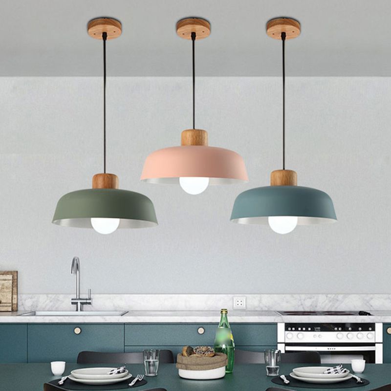 Modern Creative Single Pendant Light Wooden Dome Macaron Hanging Lamp with Iron Shade
