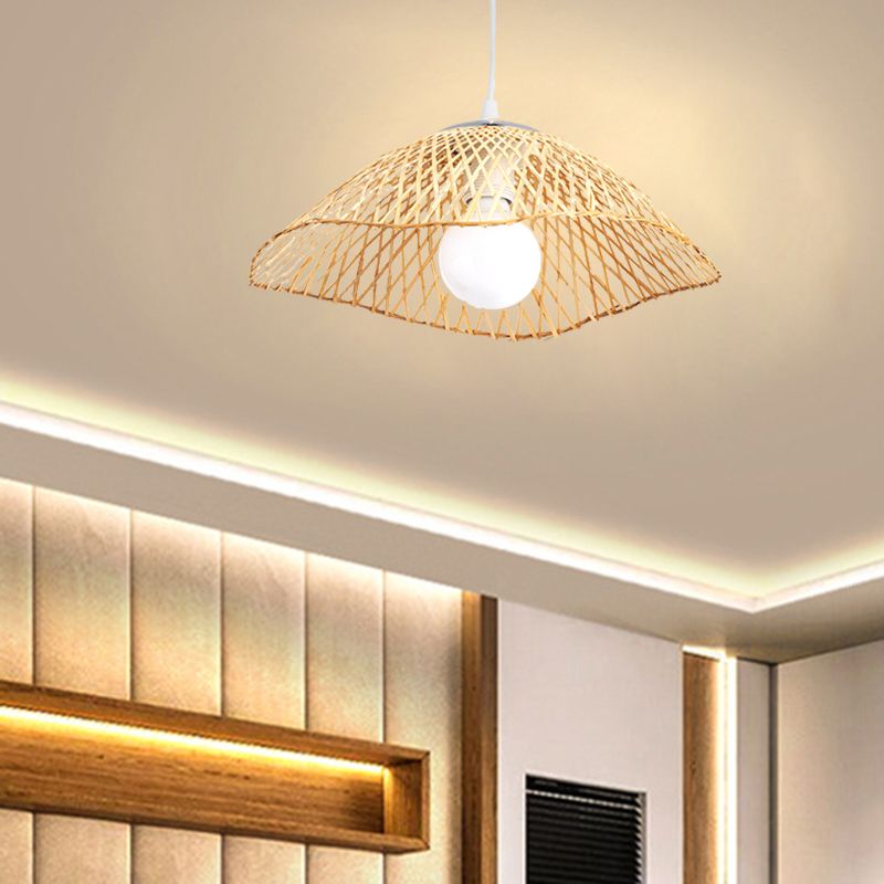 Hand-Knitted Bamboo Pendant Light with Dome Shade Asian Style 1 Head Beige Hanging Lamp for Living Room, 14"/18" W
