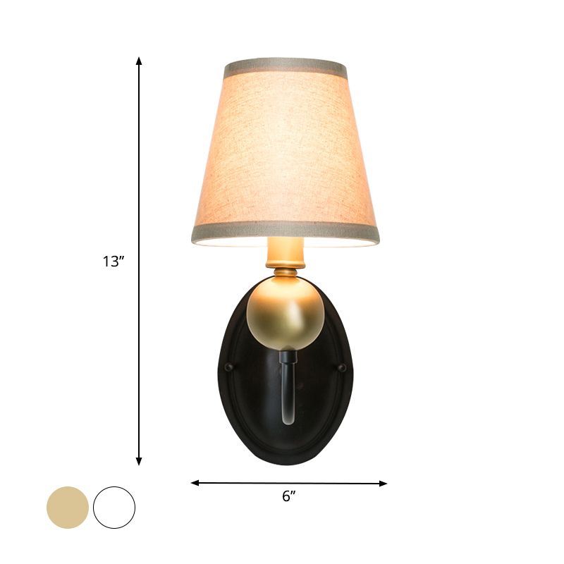 Tapered Fabric Wall Sconce Light Rural 1/2-Bulb Bedroom Wall Mount Lighting in White/Beige with Swooping Arm