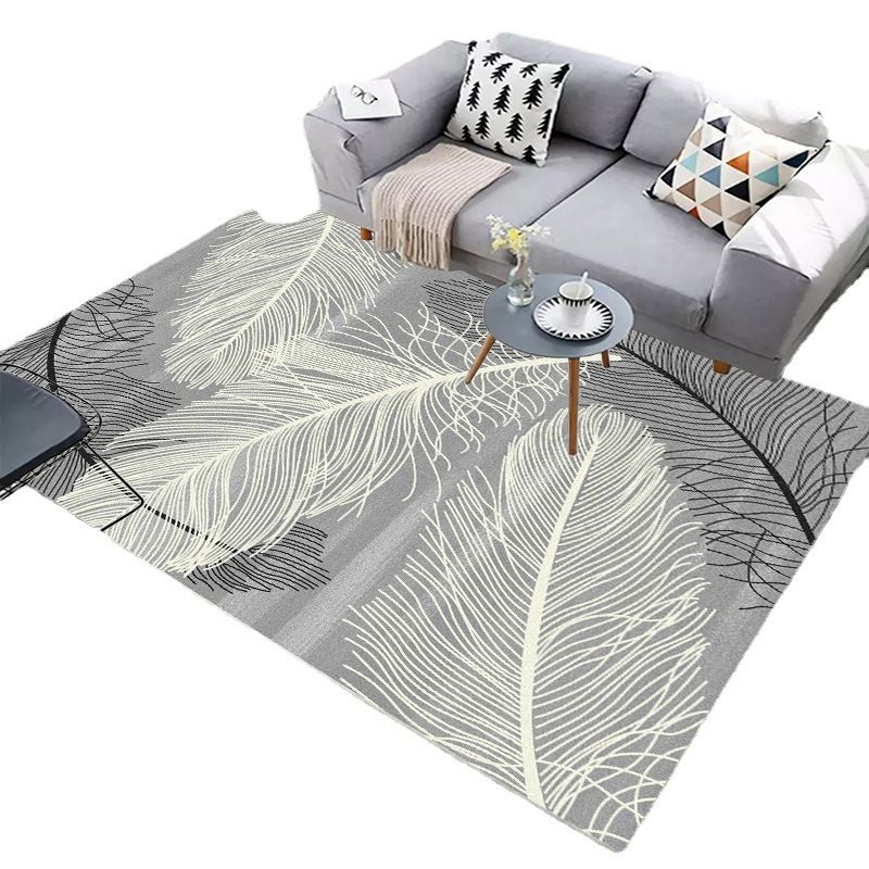 Decorative Rectangle Rug with Feather Pattern Stylish Contemporary Rug Polyester Washable Carpet for Home Decor