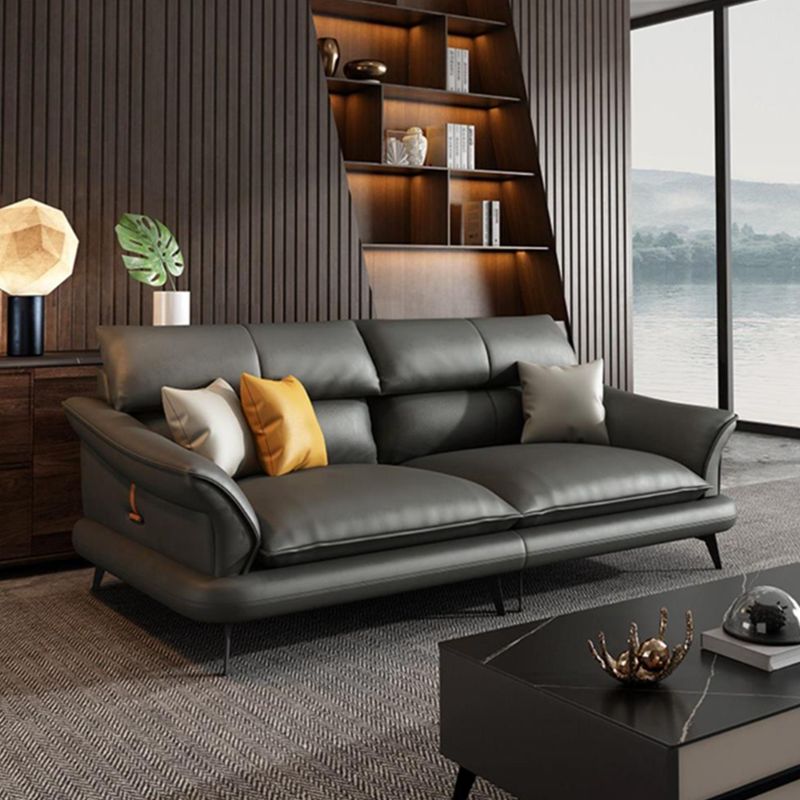 Glam Settee Genuine Leather Black Living Room Flared Arm Cushions Standard Sofa