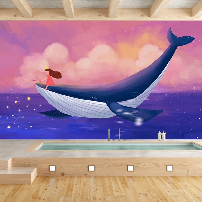 Girl Fishing on Whale Mural Pink-Blue Childrens Art Wall Covering for Kids Bedroom