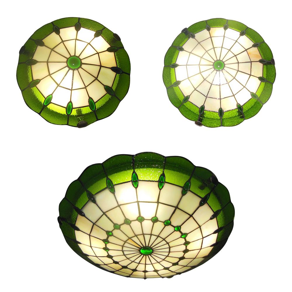 12"/16"/19.5" Wide Bedroom Ceiling Lights Tiffany Style Green/Yellow Dome Shade Flush Mount Light with Jewel Decoration