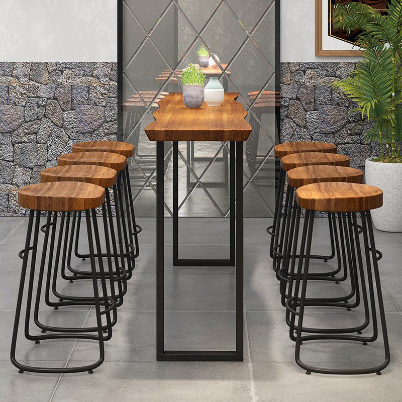 Contoured Seat Dining Stools Solid Wood Bar Stools with Metal Base