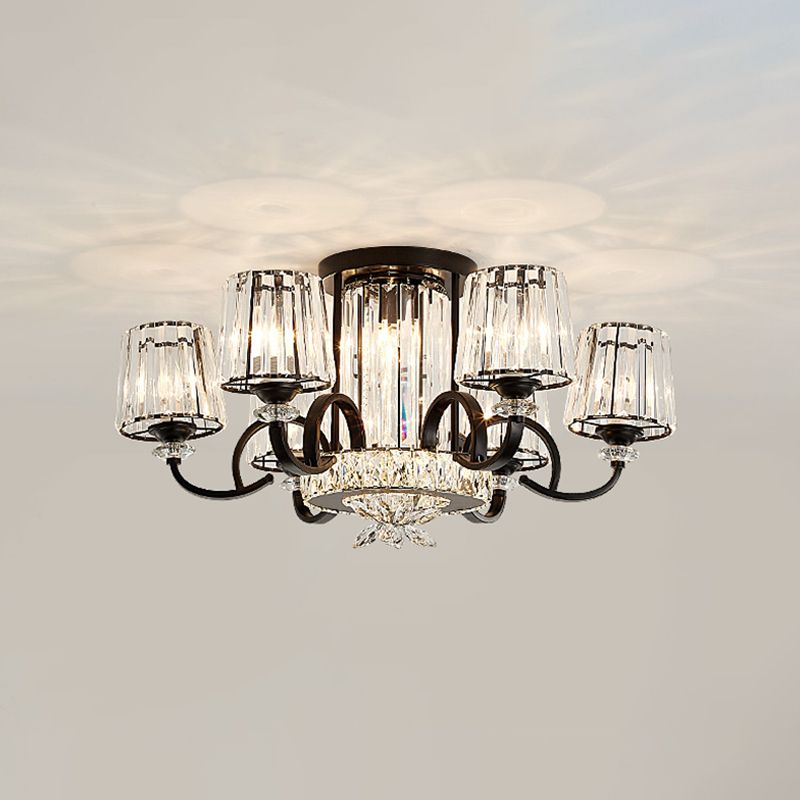 Techo de barril de cristal transparente Monte de techo de techo contemporáneo 8 cabezas Bedchamber Semi Flush en negro