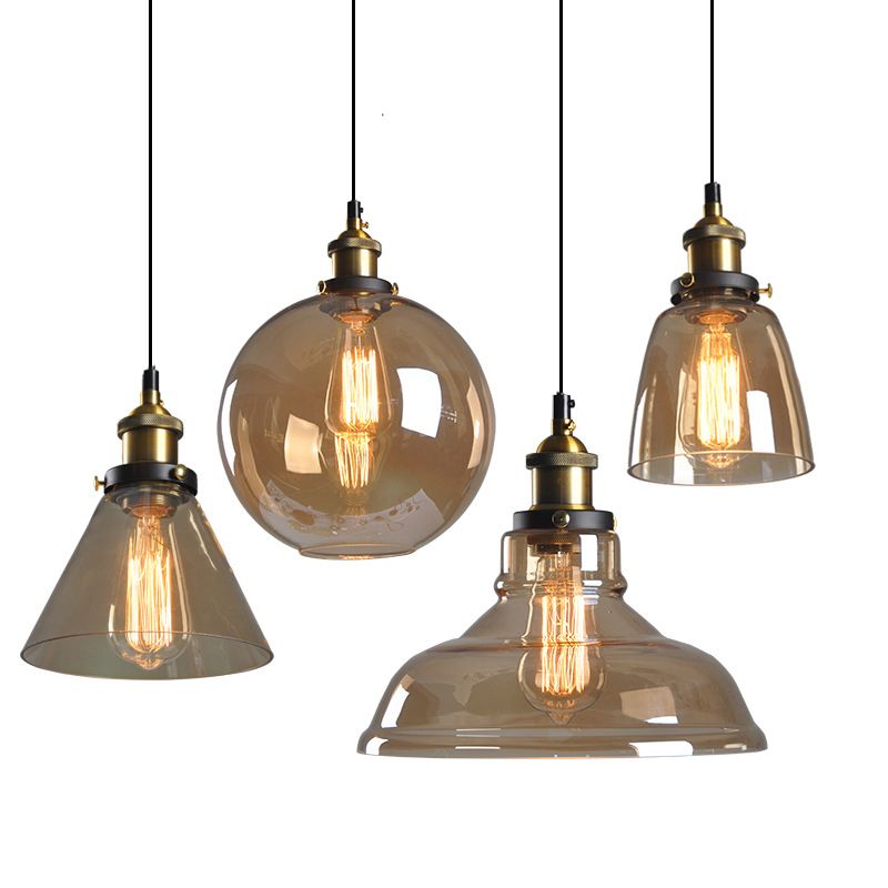 Retro Industrial 1 Light Pendant Amber Handblown Glass Dome Pendant Lighting for Living Room