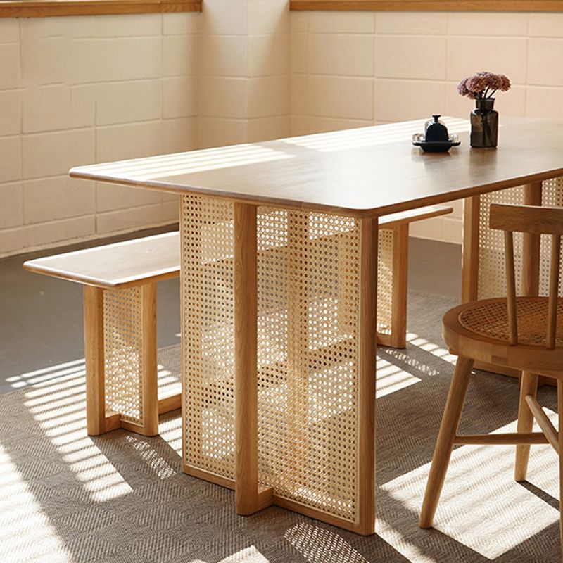 Rechthoek bruine eettafel vaste houten eettafel met dubbele voetstukbasis