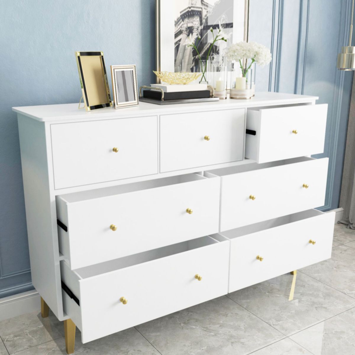 Contemporary Glam Wooden Chest Horizontall Storage Chest Dresser with Metal Legs