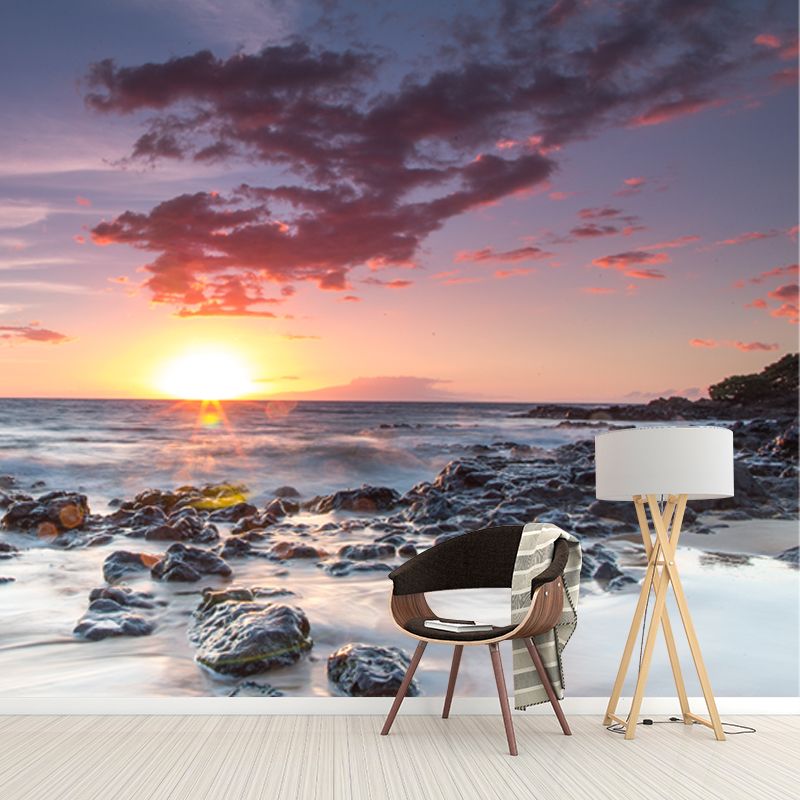 Blue-White Tide Wallpaper Mural Contemporary Sunset Seascapes Wall Art, Custom Printed