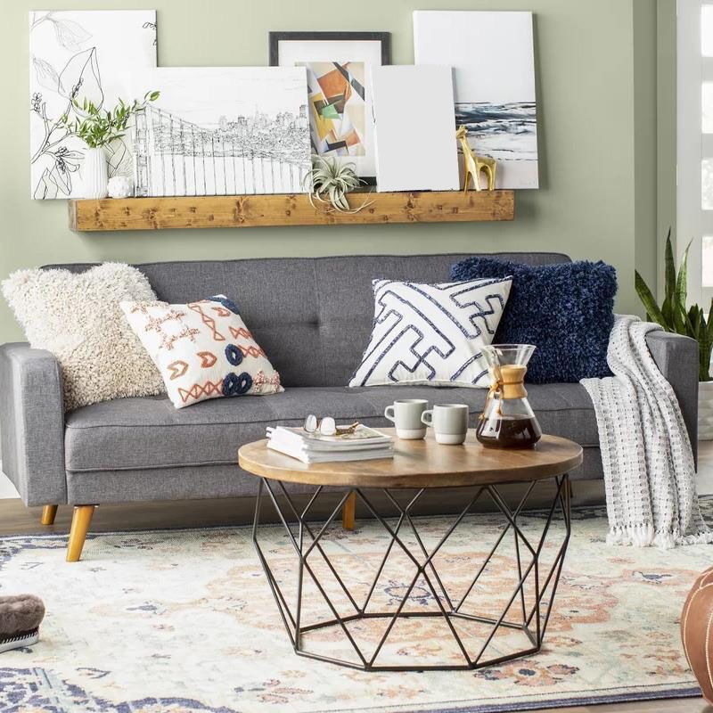 Contemporary Solid Wood Coffee Table with Round Top and Metal Base