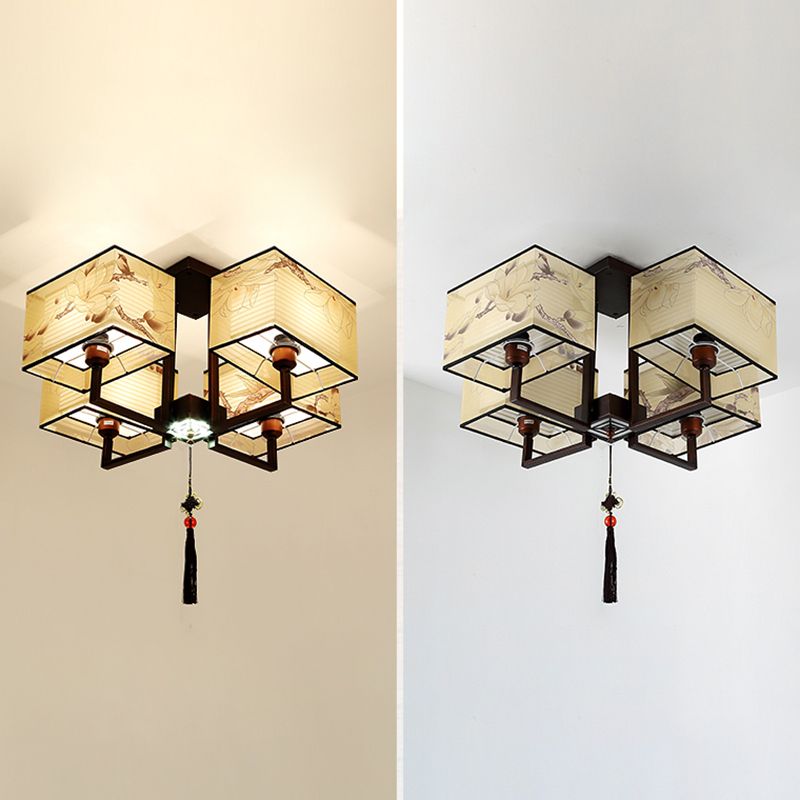 Braune Halbflush -Mount -Lampe Traditioneller Stil Schmiedeeisen Deckenleuchte mit quadratischem Stoff Schatten