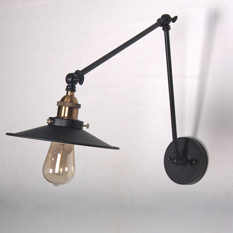 2-Sections Swing Arm Industry Style Wall Lamp Black Metal Cone Shade 1-Light Retro Sconce Lights
