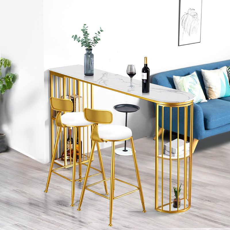 Glam White Faux Marble Pub Bar Table Iron Double Pedestal Bar Dining Table with 4-Shelf