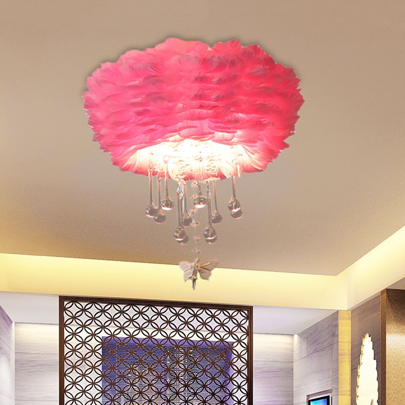 Nordic Cloud Flush Light White/Pink/Black Feather 2/3/4 Lights Bedroom Ceiling Lamp with Crystal Drop, 16"/19.5"/23.5" W