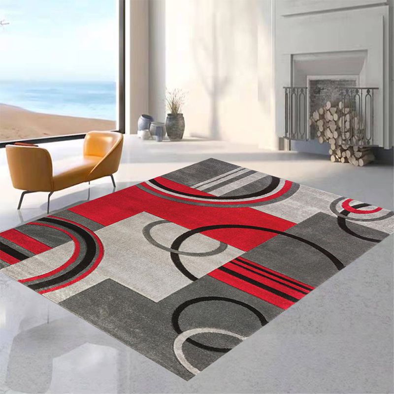 Red Modern Area Rug Polyester Ring Rug Non-Slip Backing Rug for Living Room
