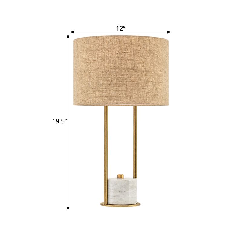 Cylinder Nightstand Lighting Modern Fabric 1 Head Bedroom Night Lamp in White/Beige with Marble Base