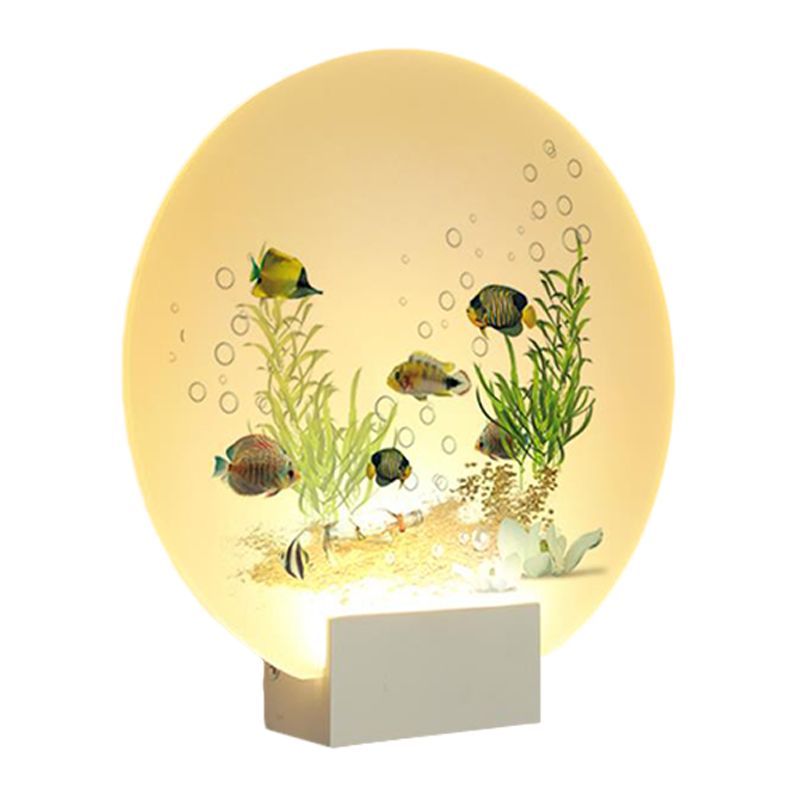 White Circular Wall Lighting Idea Oriental LED Acrylic Mural Light with Undersea Plants and Fish Design
