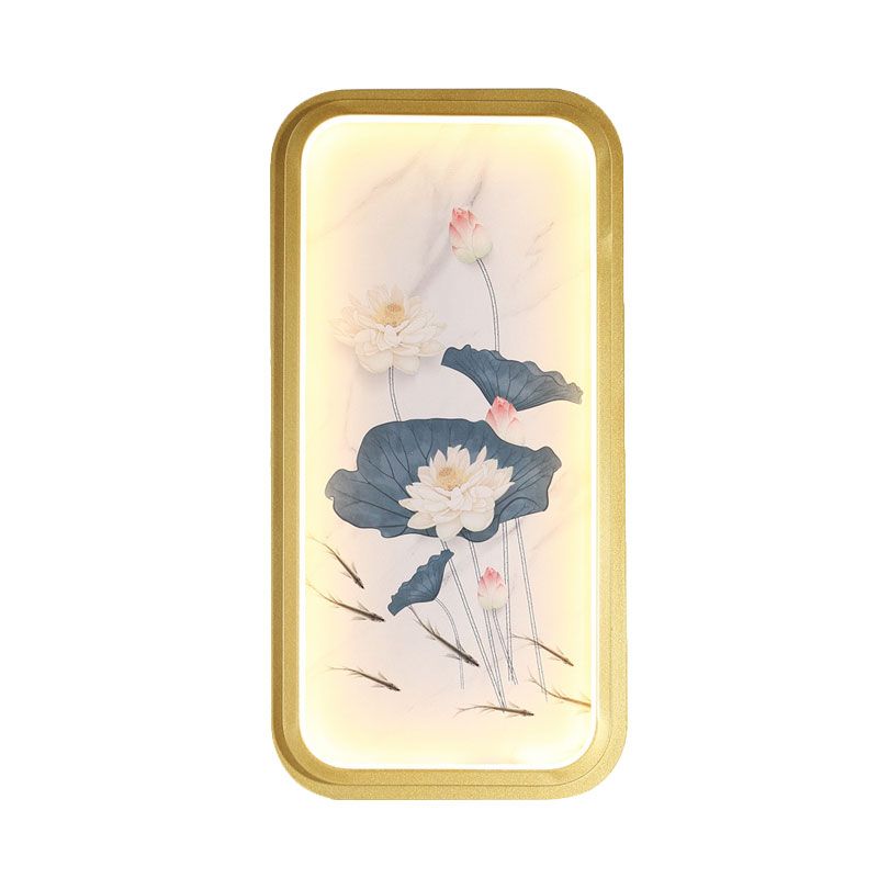 Asia Lotus Fabric Wall Mount Mural Lamp LED Flush Mount Wall Sconce in Gold for Bedroom