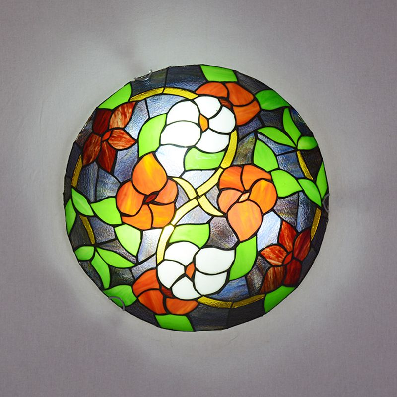 Bedroom Ceiling Fixture Tiffany Black Flush-Mount Light with Round Stained Glass Shade