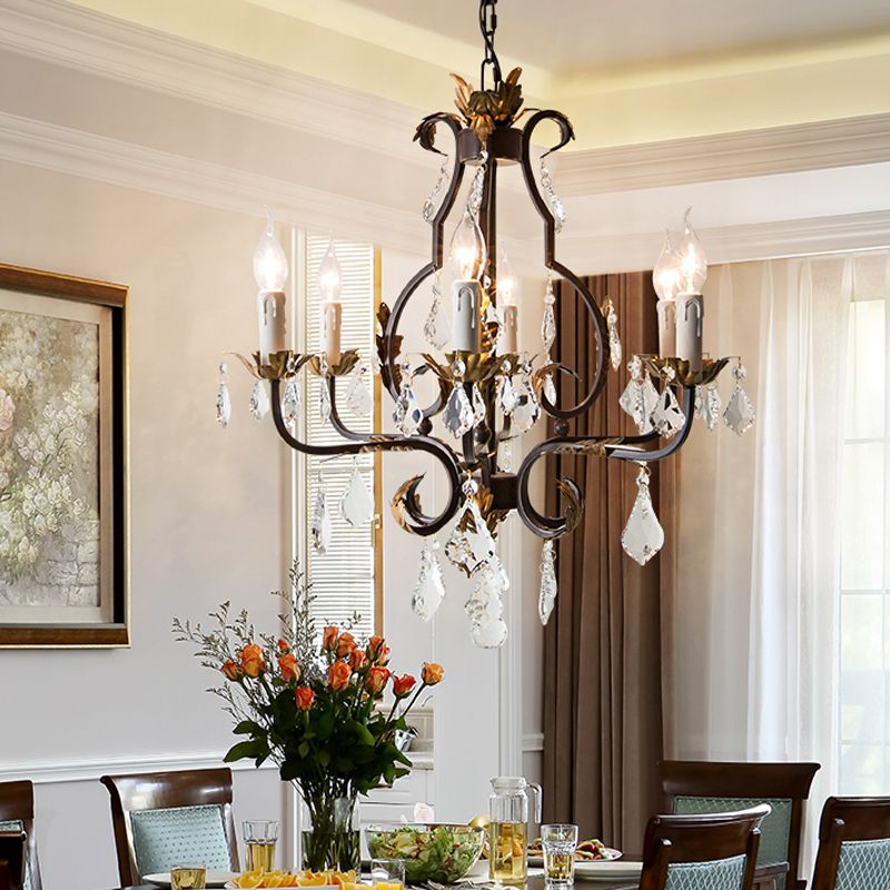 Rust Swooping Arm Chandelier Lampe Trawork Wood Living Living Pendant Light Kit avec accent en cristal