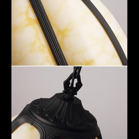 Resin Imitation Jade Shade Pumpkin Hanging Light Black Aluminum Frame Corridor Aisle Lighting Pendant with 23.5" Adjustable Chain