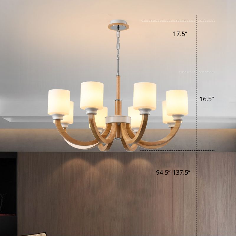 Hölzerner Lichtbogenarm Arm nach oben Kronleuchter minimalistisch braun hängende Licht mit zylindrischem weißen Glasschatten