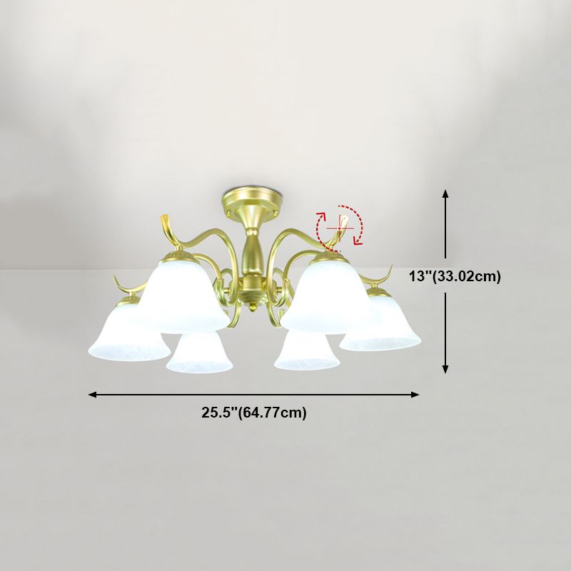 Gold Semi Flush Lamp Traditional Multi-Head Bedroom Ceiling Lighting with Glass Shade