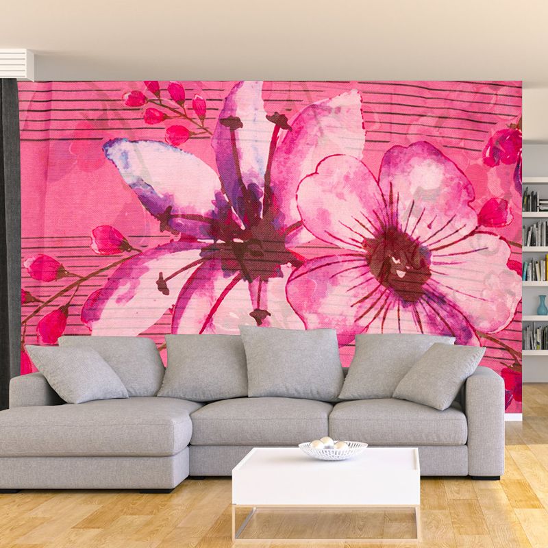 Flower Illustration Contemporary Wall Covering for Living Room, Made to Measure