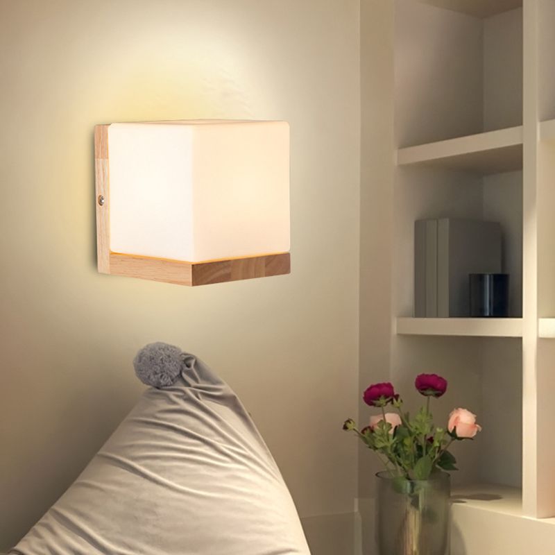 Iluminación apliques en forma de cubo estilo nórdico vidrio blanco de 1 luz de la pared de la pared con placa de espalda de madera