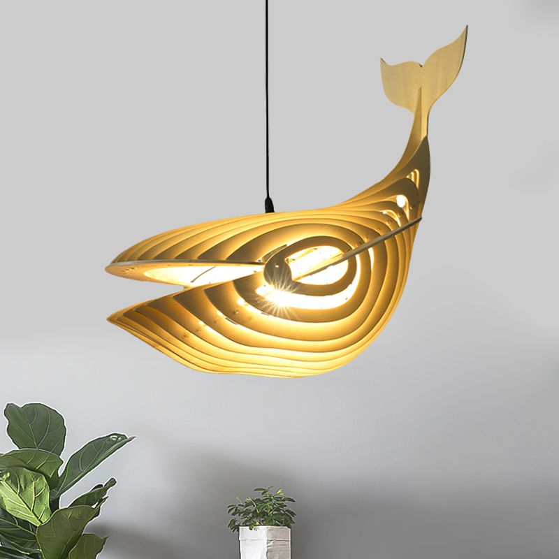 Whale Suspension Anhänger zeitgenössisches Holz 1 Glühbirne Beige Hanging Light Kit für Treppe