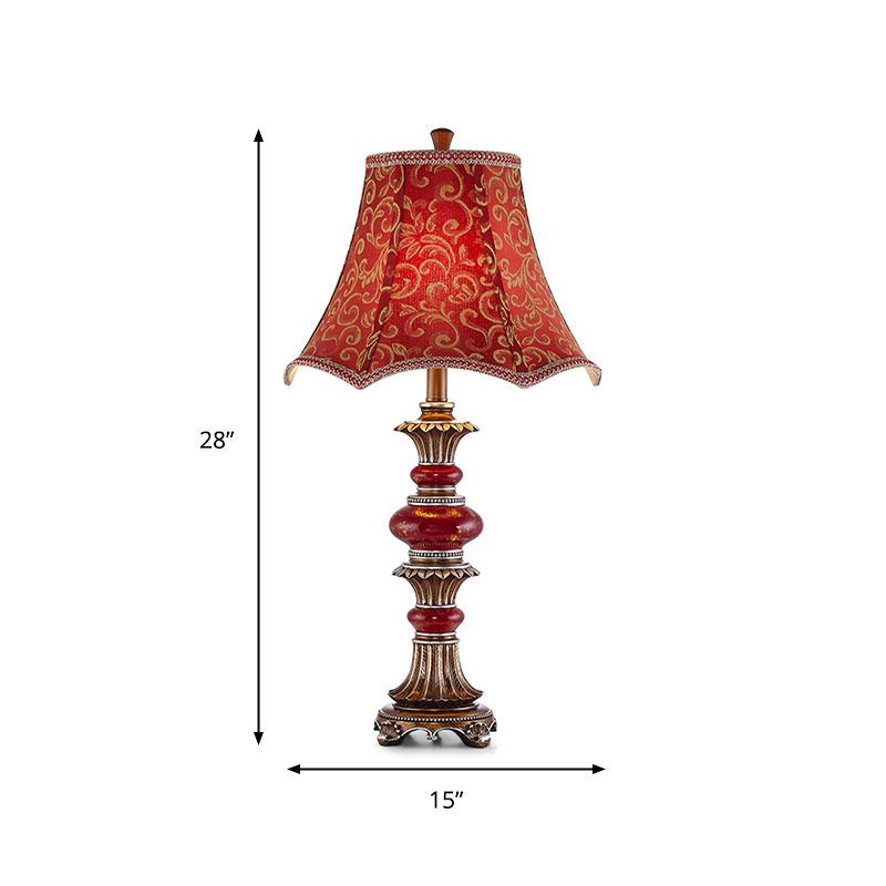 Retro Scallop-Edge Flared Table Light 1 Bulb Swirl Patterned Fabric Night Lamp in Red