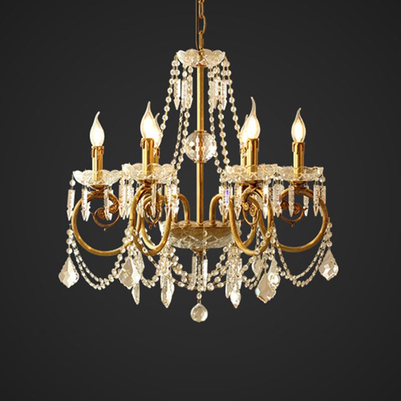 Gold Retro Rustic Style Crystal Large Chandelier Full Brass Candlestick Design Elegant Lighting Fixture for Living Room