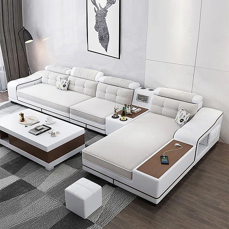 33.46"High Fabric Sloped Arms Sectional Sofa with 2 Cup Holders,White