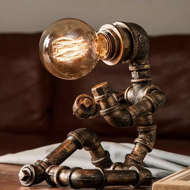 Bronze Single-Bulb Table Light Warehouse Style Iron 3-Leg/4-Leg/Sitting Robot Nightstand Lamp with/without Cage Guard