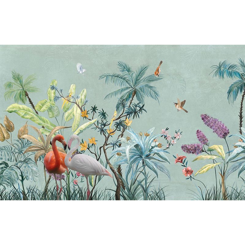 Big Flamingo Mural Decal Tropix Misty Lake Scenery Wall Art in Blue for House Interior