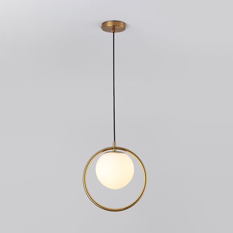 Nordic Minimalism Golden Ring Hanging Light with White Glass Ball Shade Mini Pendant Fixtures for Bedside